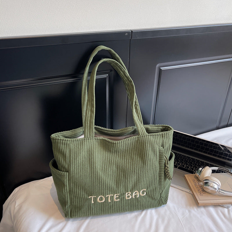 Corduroy shoulder bag large capacity student class bag women's solid color tote bag 