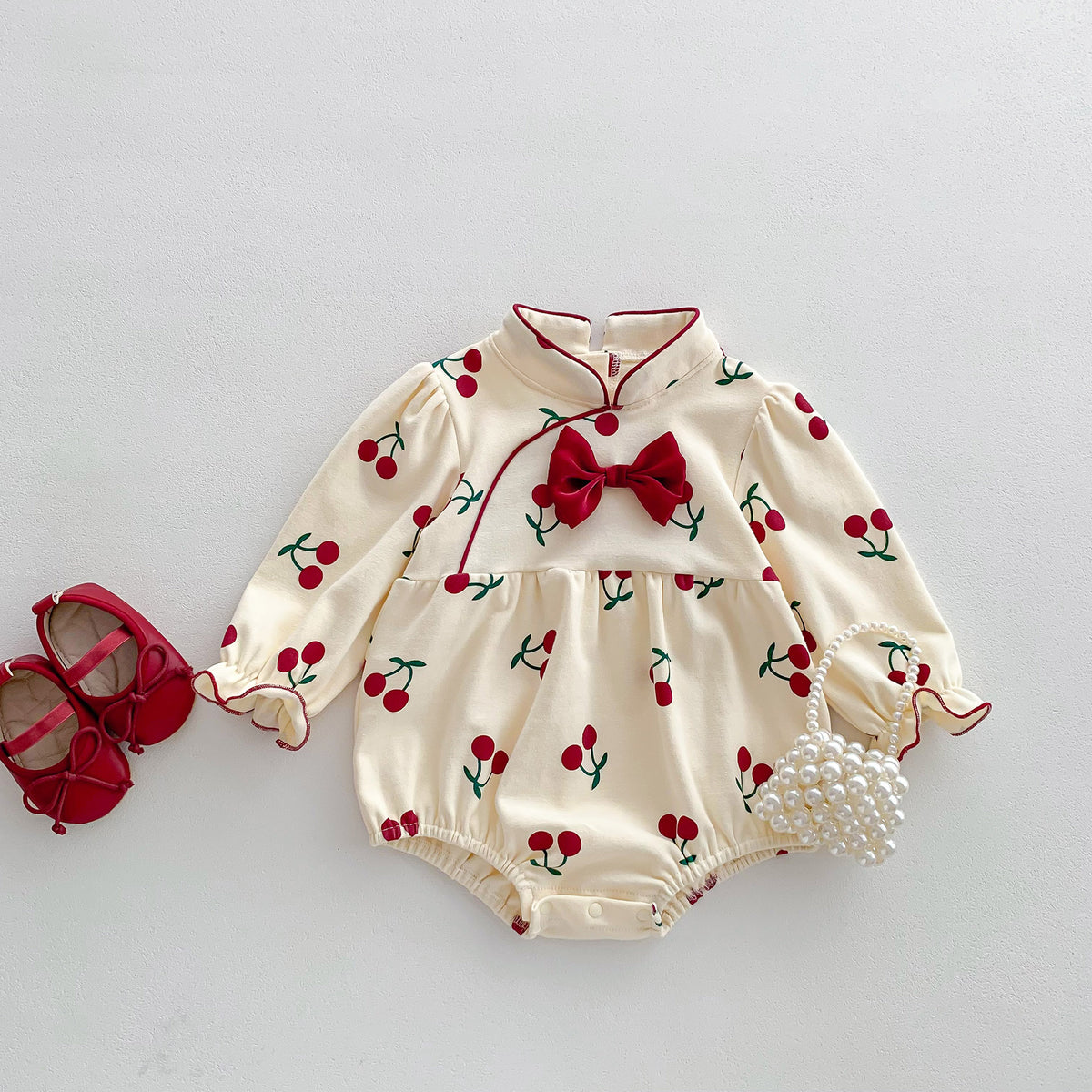 Newborn Baby Clothes Spring Autumn Girl Romper Princess Cherry Bodysuit Infant Full Moon 100-Day Diaper Cover