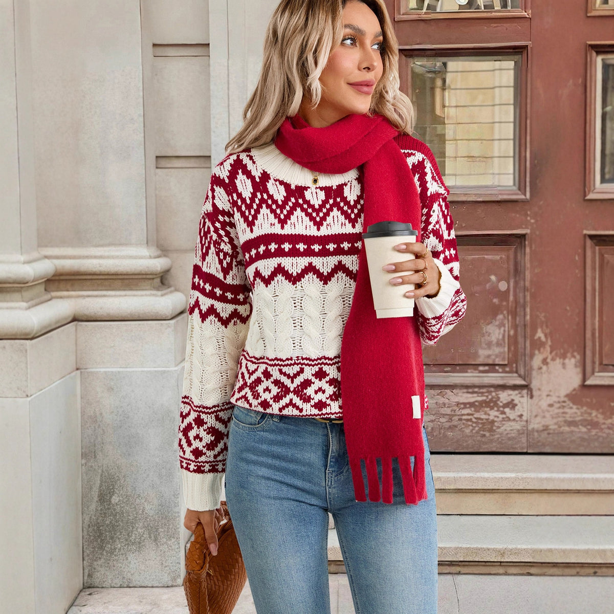 Vintage Jacquard Relaxed Fit Pullover Sweater for Women