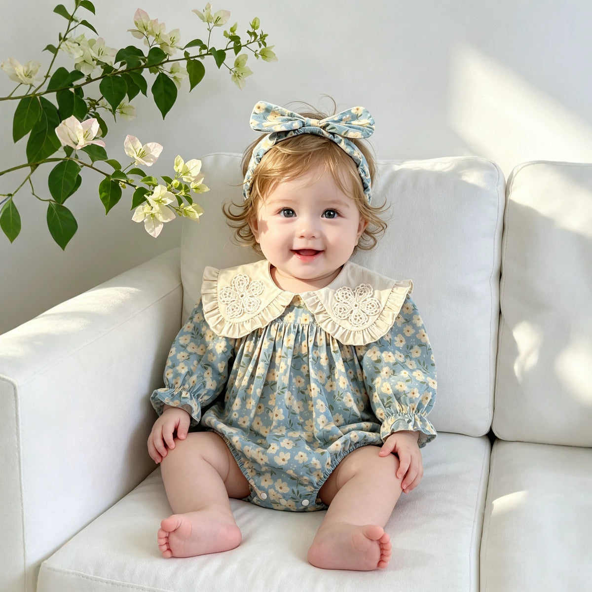 Autumn Baby Clothes Sweet Floral Baby Girl Romper Long Sleeve Dress With Peter Pan Collar Sister Set