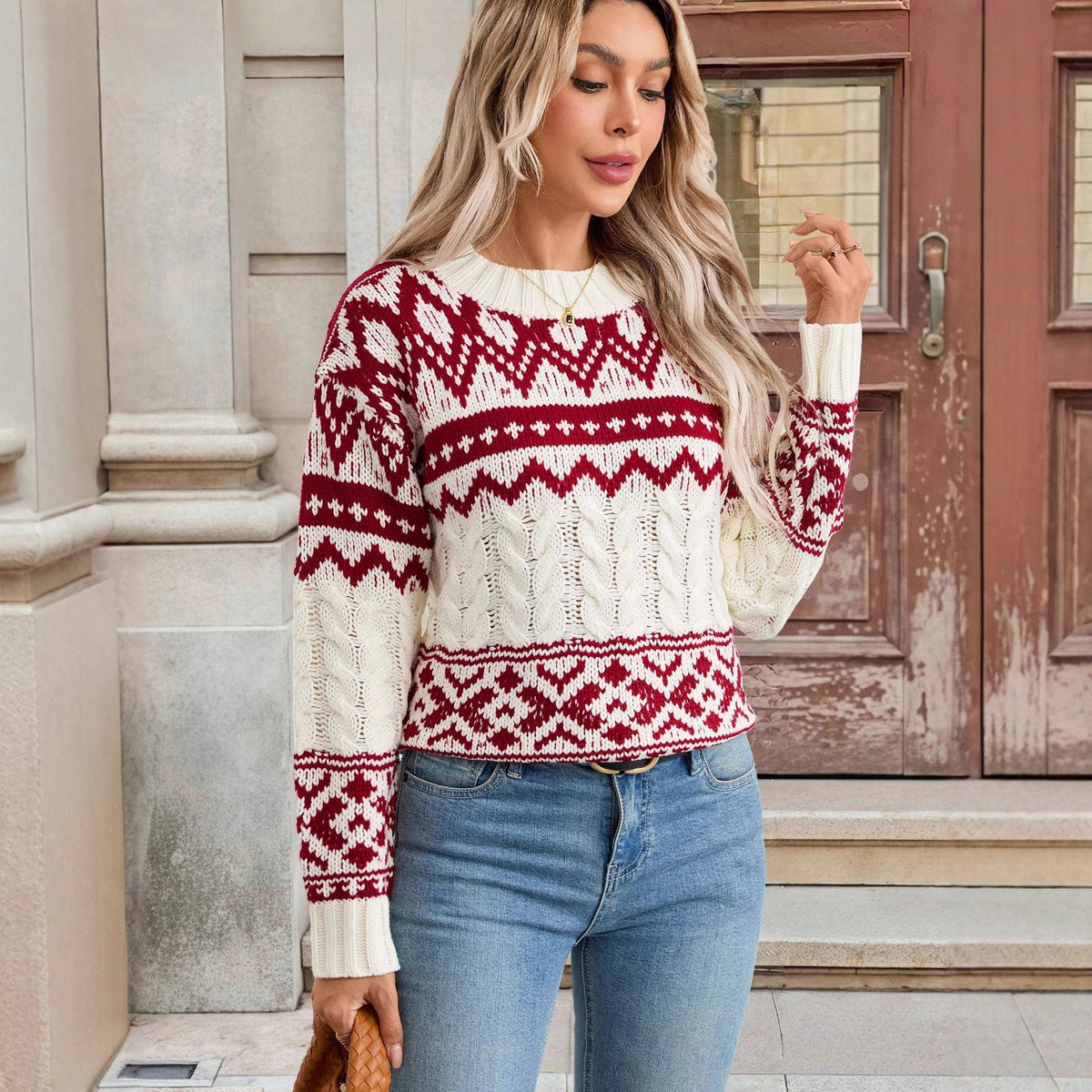 Vintage Jacquard Relaxed Fit Pullover Sweater for Women