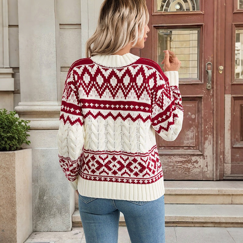 Vintage Jacquard Relaxed Fit Pullover Sweater for Women