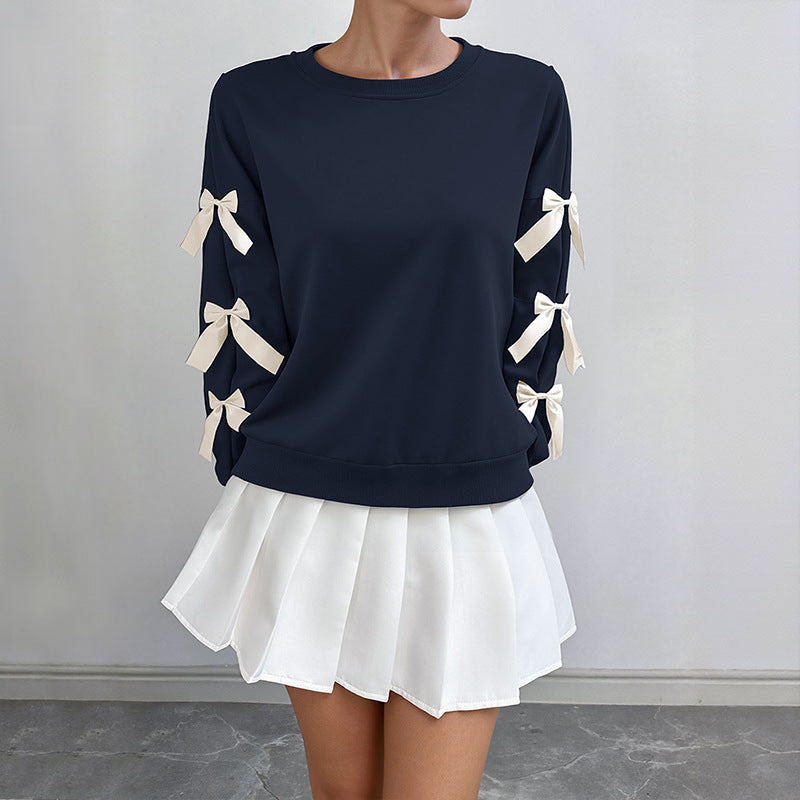 Women's Pink Long Sleeve Crew Neck Bow Detail Christmas Sweatshirt
