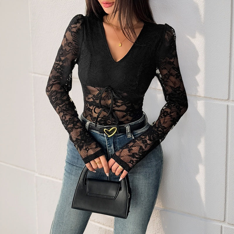 Lace Splicing Long Sleeve V-Neck Sheer Women's Bodysuit