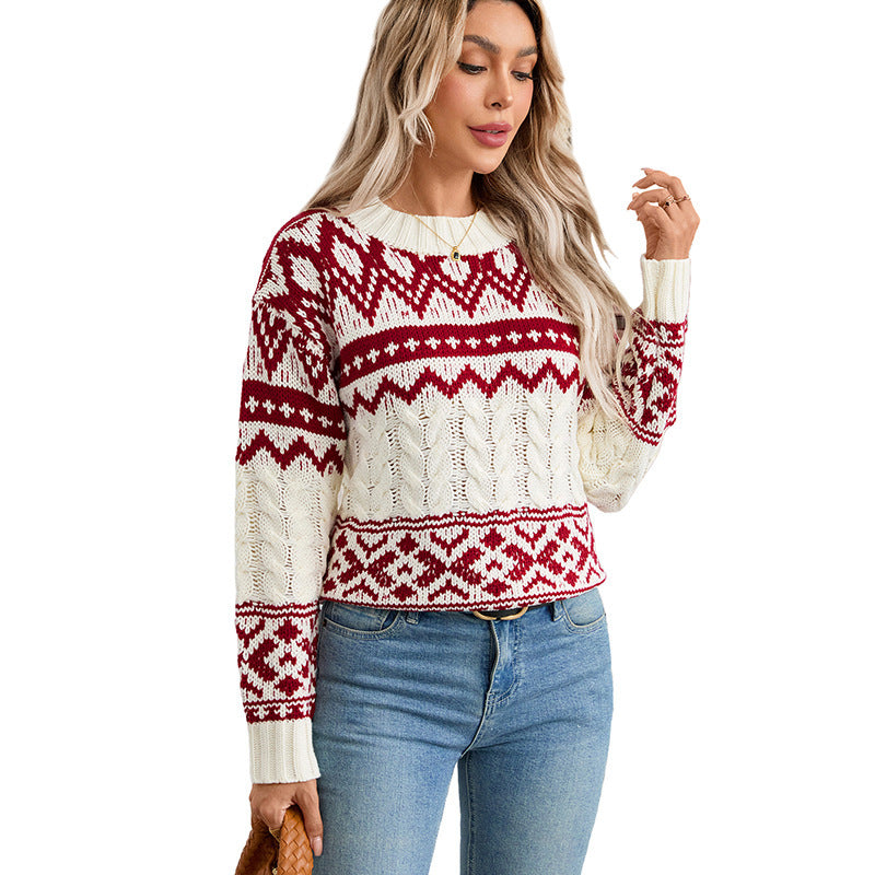 Vintage Jacquard Relaxed Fit Pullover Sweater for Women