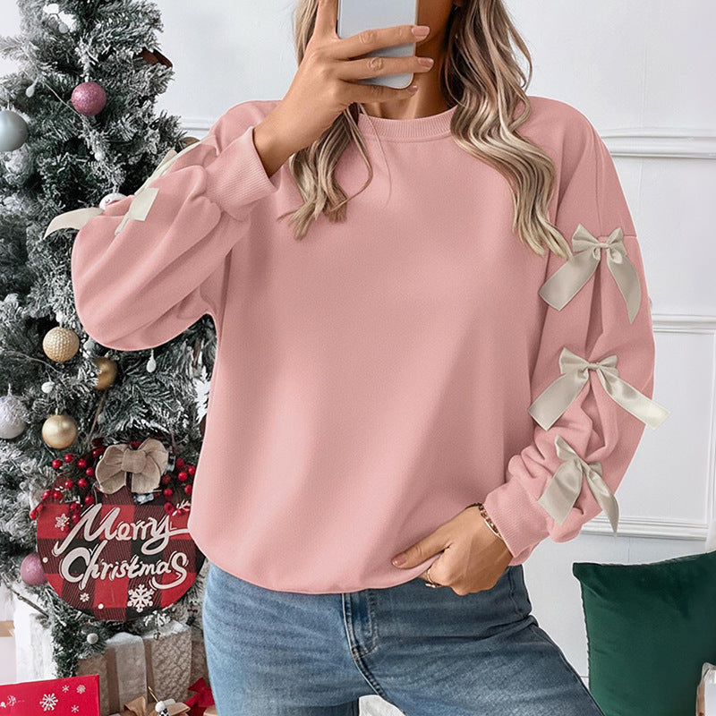 Women's Pink Long Sleeve Crew Neck Bow Detail Christmas Sweatshirt