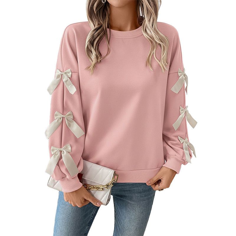 Women's Pink Long Sleeve Crew Neck Bow Detail Christmas Sweatshirt