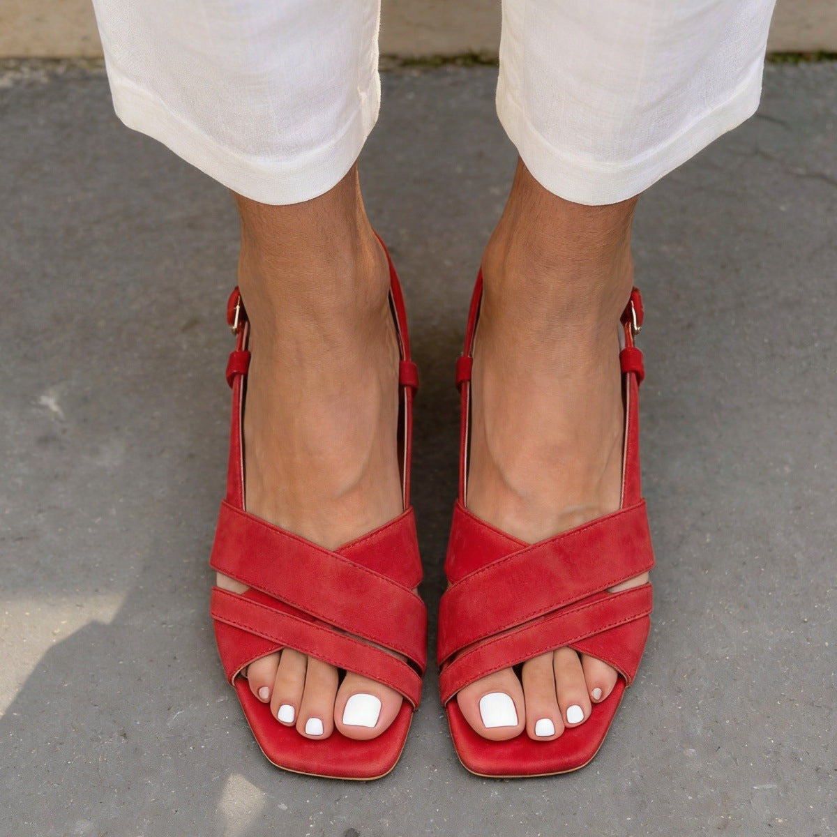 Made to order ships in 3–5 days Suede mid heel square toe open toe buckle sandals for women